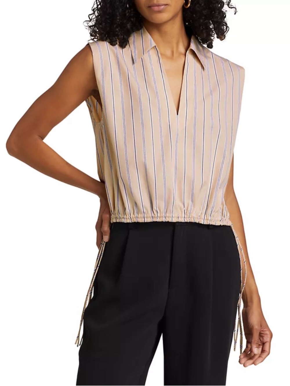 rag & bone Beige Striped Sleeveless Drawstring Blouse